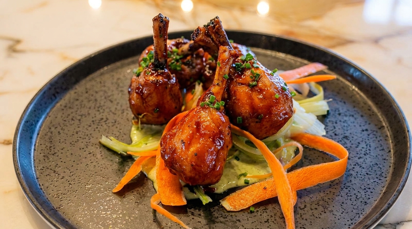 Glazed chicken lollipops with chives, served on a bed of green sauce and carrot ribbons.