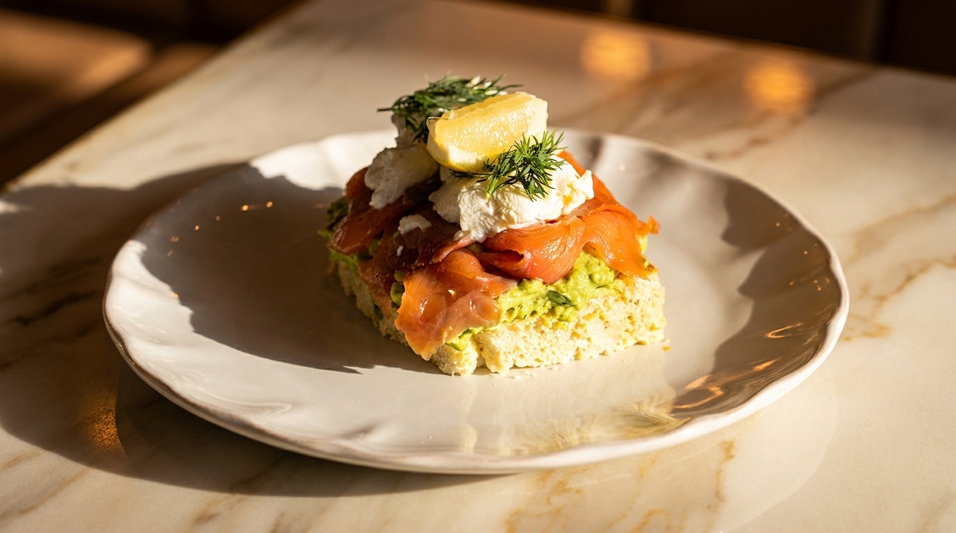 Avocado toast topped with smoked salmon, poached eggs, dill, and a lemon wedge on a white plate.