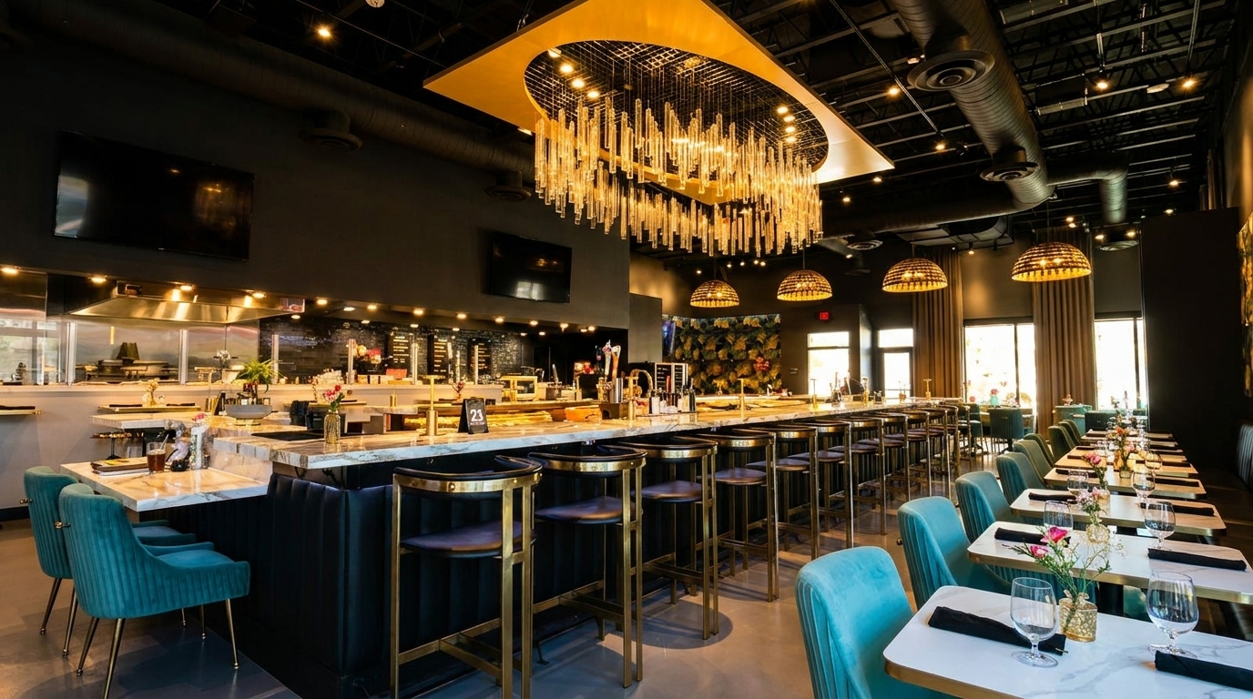 Modern restaurant interior with a long bar, teal chairs, and elegant chandeliers.