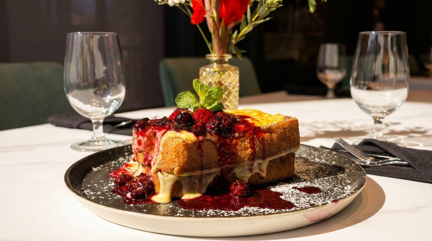 Thick-cut French toast with berries, syrup, and powdered sugar on a black plate with wine glasses.