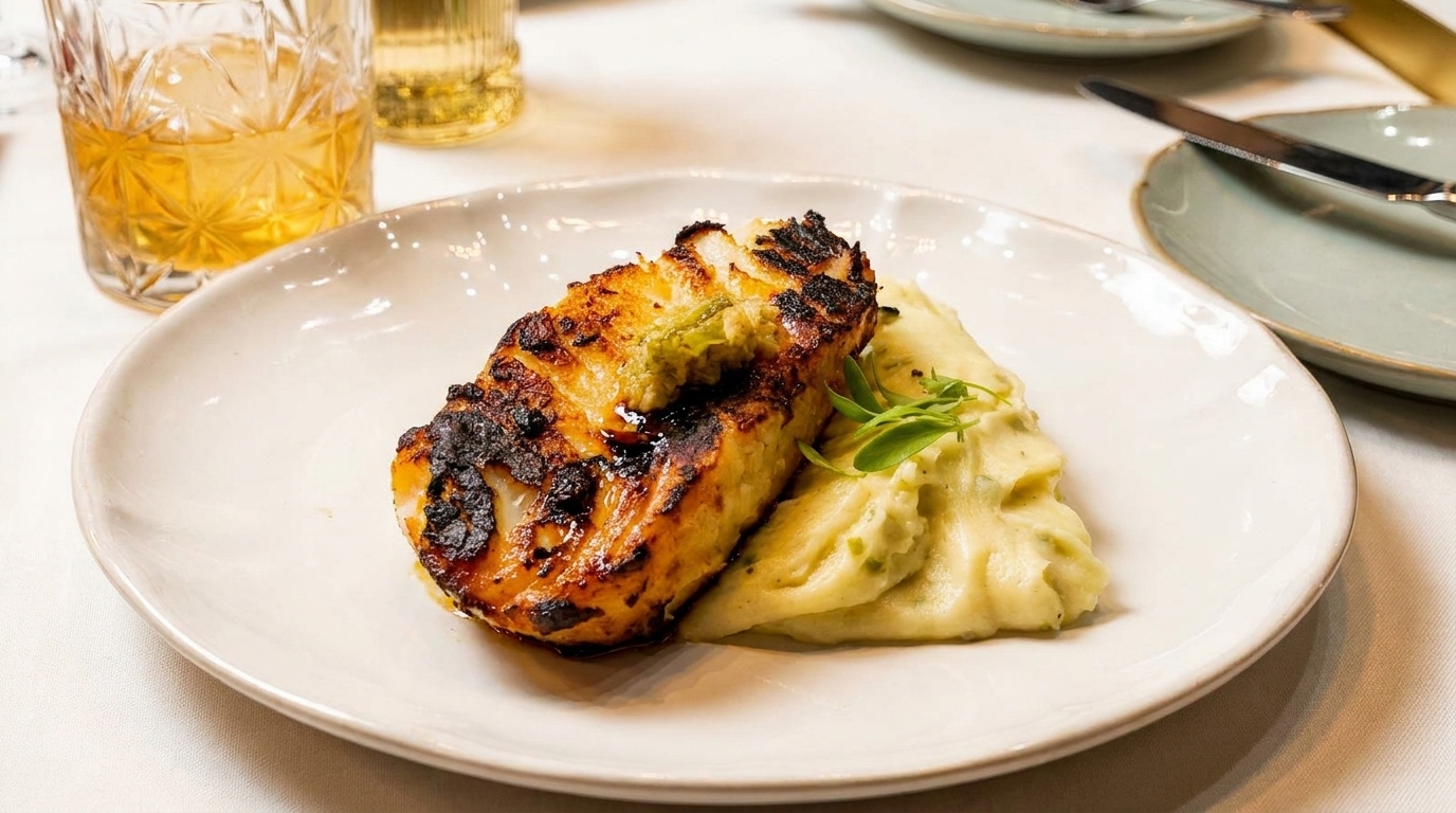 Grilled fish with mashed potatoes and a drink on a white tablecloth.