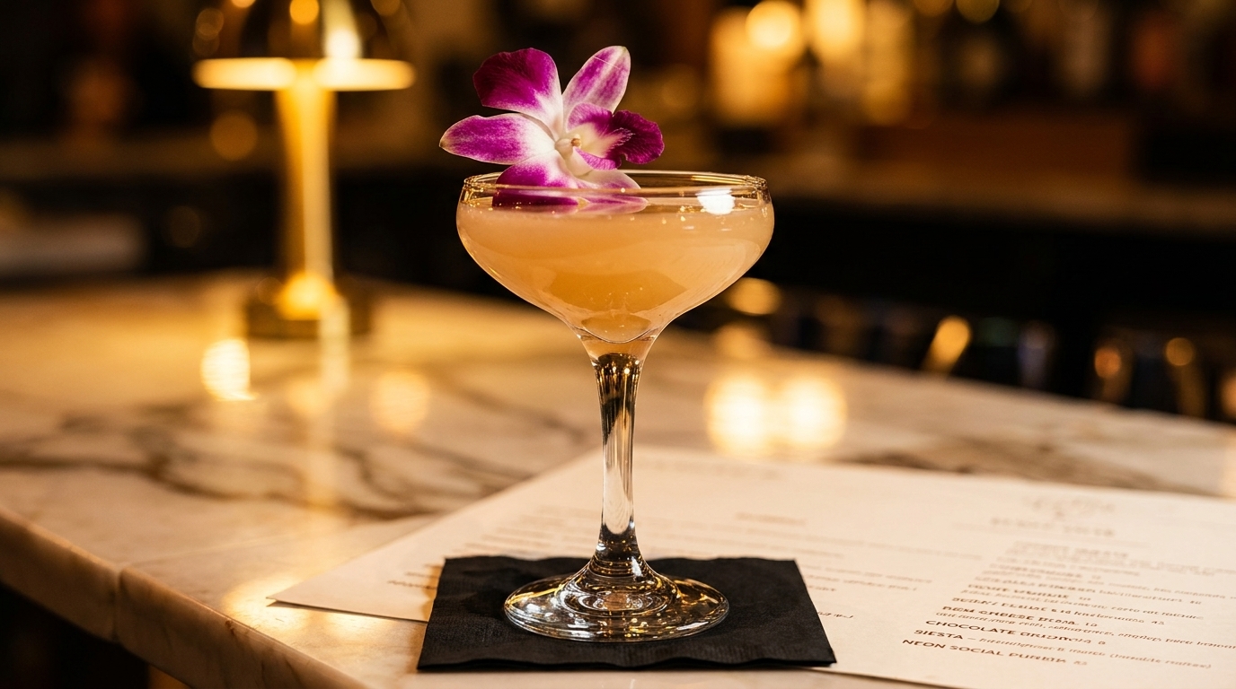 A light orange cocktail with a purple orchid garnish sits on a marble bar top.