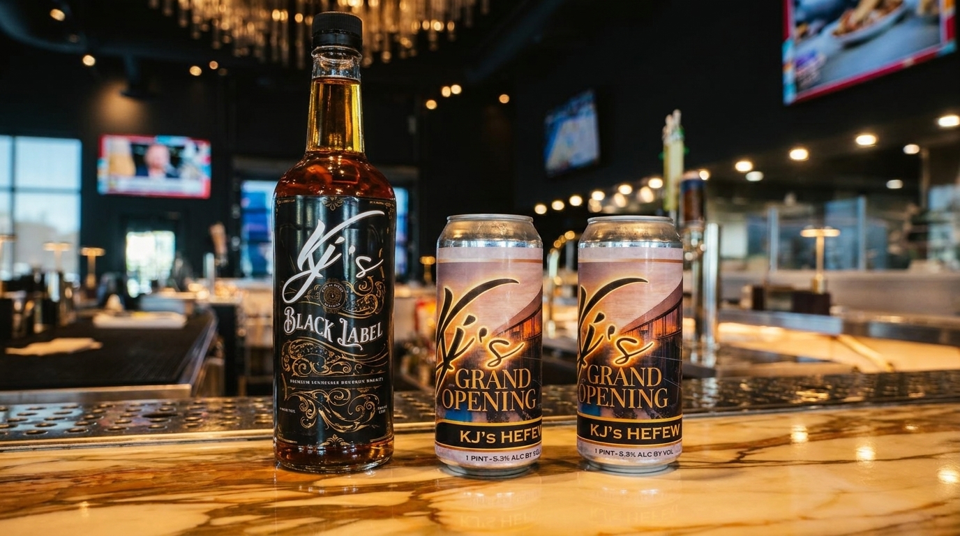 KJ's Black Label bourbon bottle and two KJ's Hefeweizen Grand Opening beer cans on a bar.