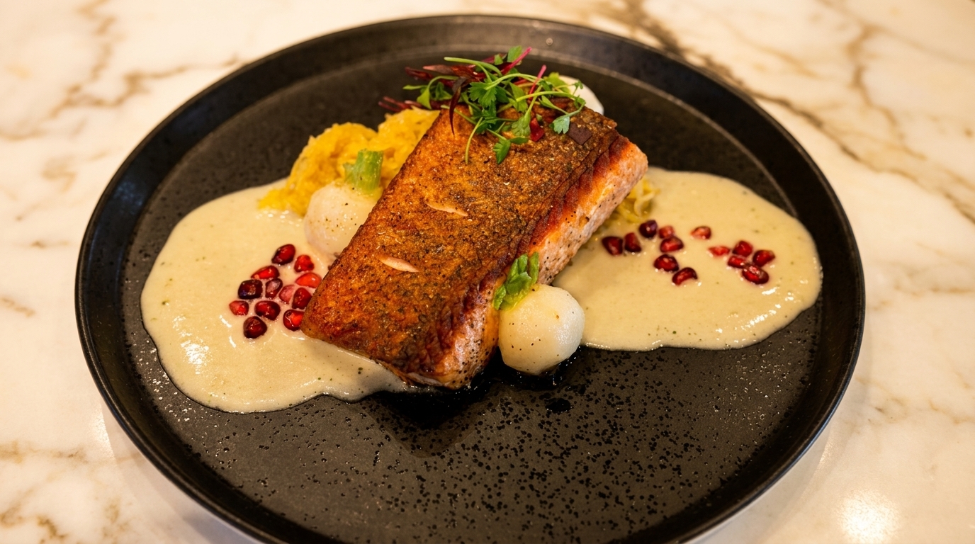 Crispy-skinned salmon fillet on a bed of creamy sauce with pomegranate seeds, yellow rice, and white vegetables.