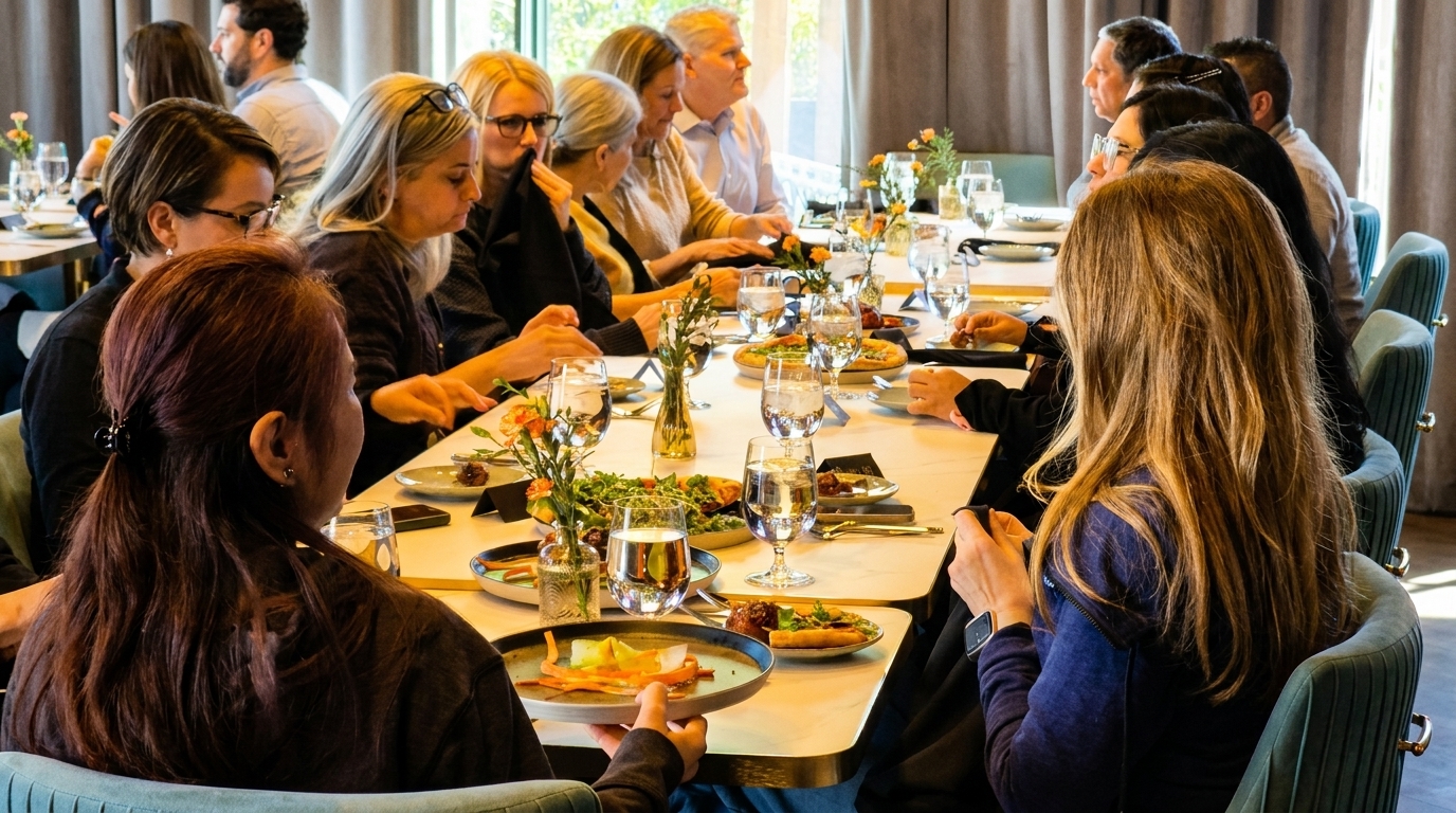 Diverse group of people seated at a long table, enjoying a meal in a bright restaurant.