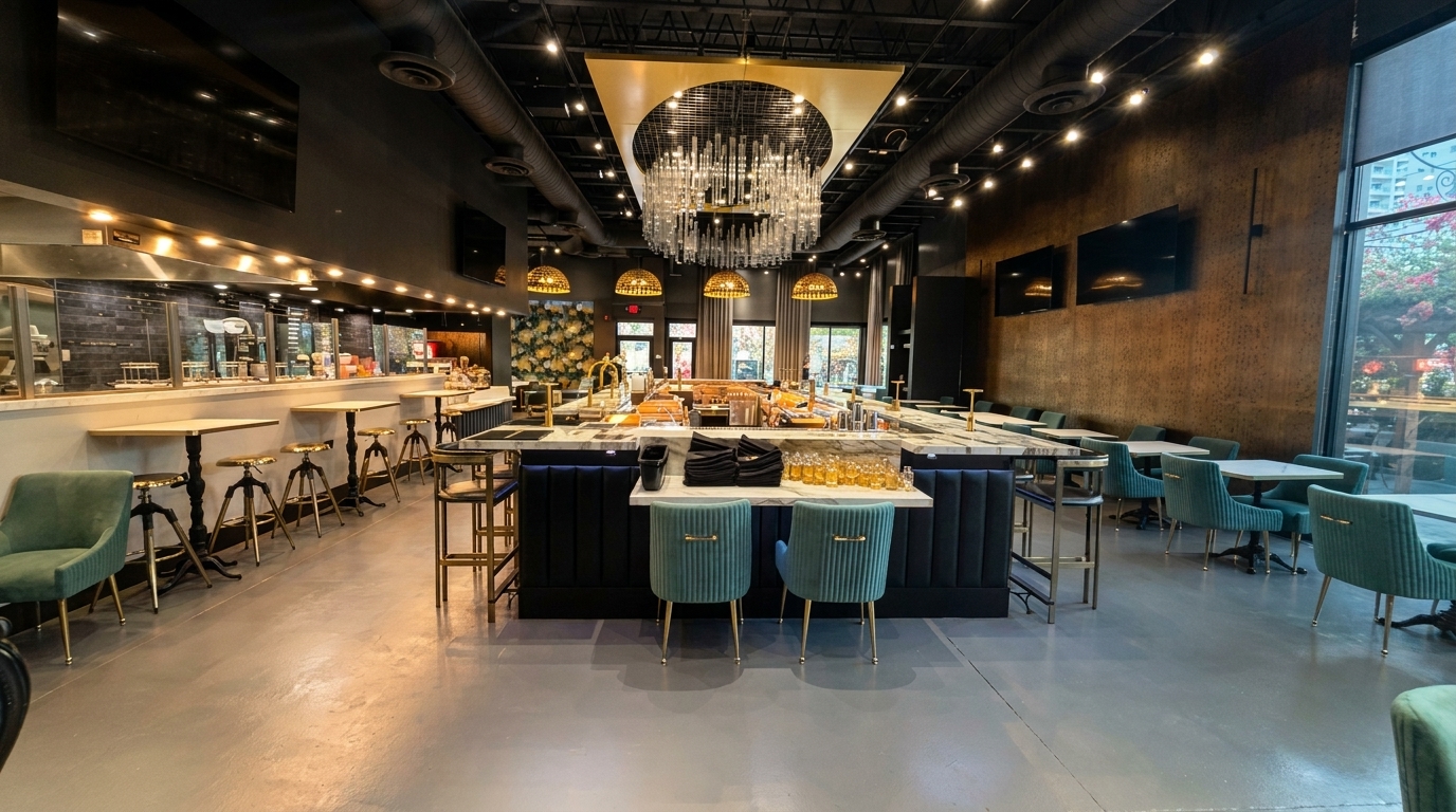 Modern restaurant interior with a long bar, teal chairs, high tables, and a large chandelier.