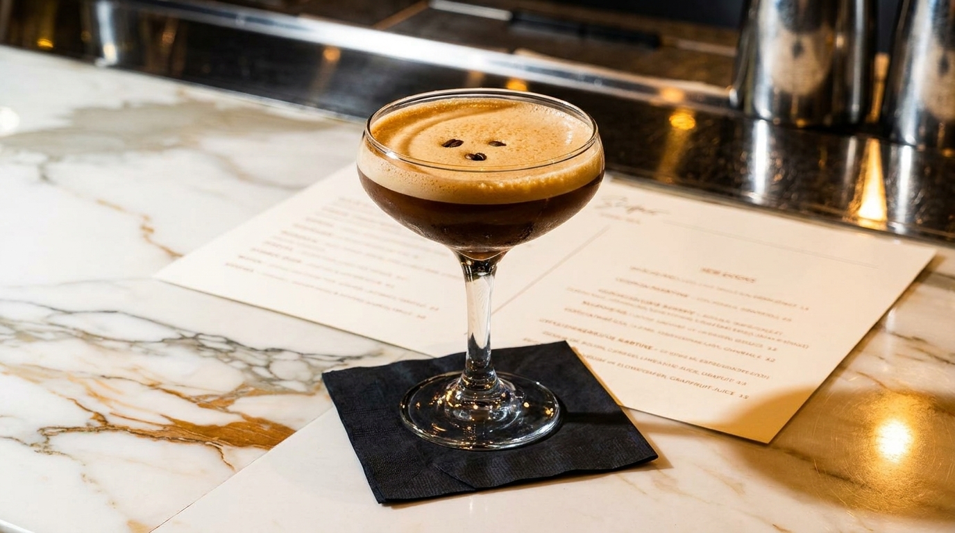 Espresso martini with coffee beans on top, on a black napkin, with a menu on a marble bar.