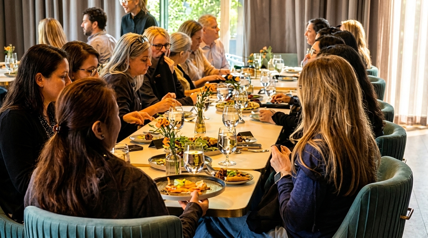 People seated at a long table in a restaurant, enjoying small plates of food and drinks.
