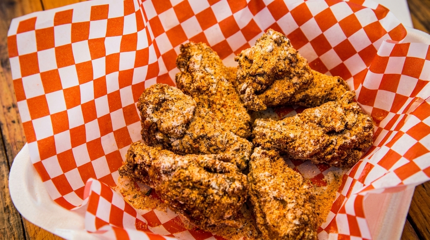 Crispy fried chicken wings, heavily seasoned with spices and parmesan, served in a red and white checkered paper.