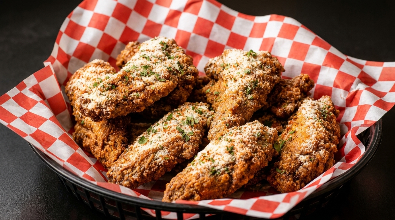 Crispy fried chicken wings, dusted with Parmesan cheese and herbs, served in a basket with red and white checkered paper.