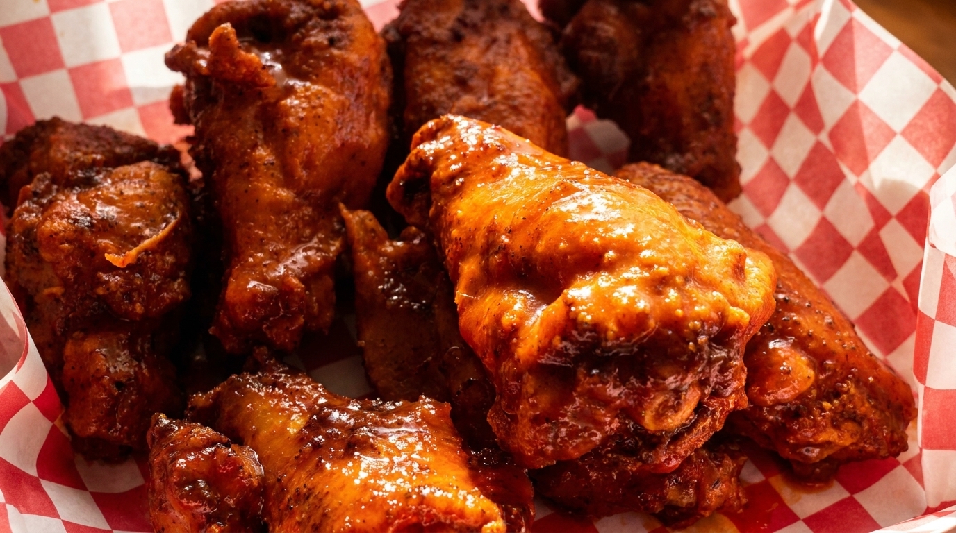 Close-up of a basket of crispy, saucy chicken wings with red and white checkered paper lining.