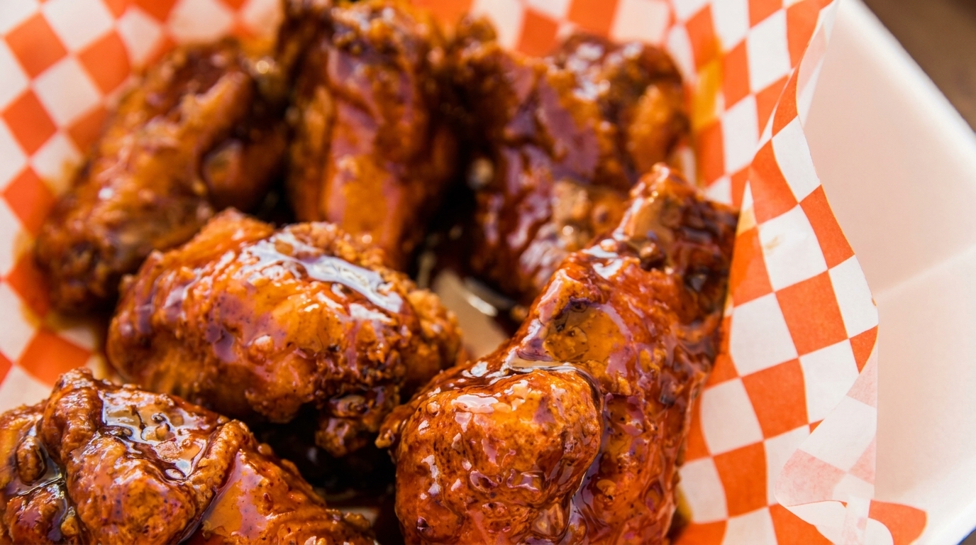 Close-up of several glossy, saucy chicken wings in a paper-lined basket with orange and white checkered pattern.