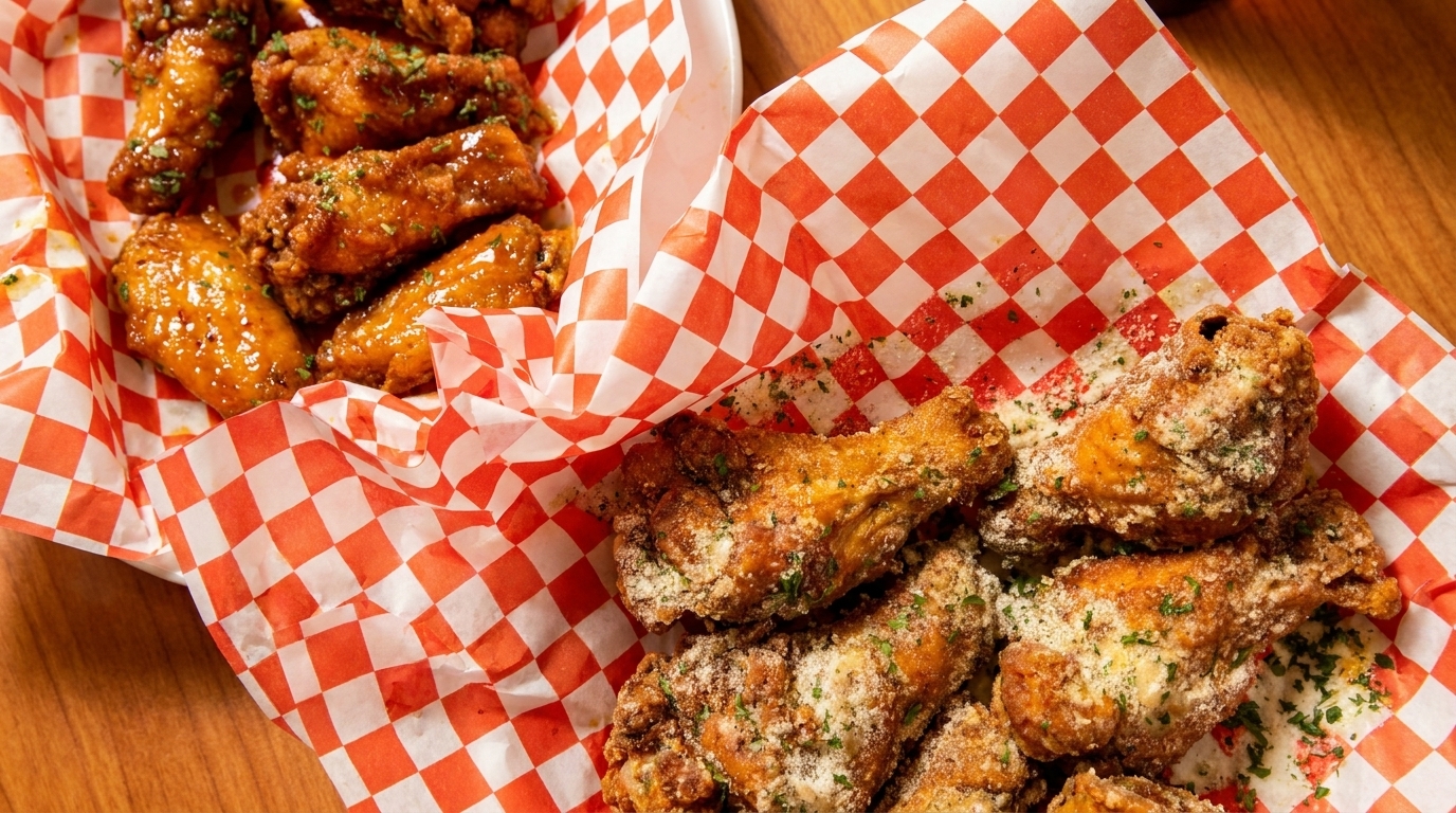 Two baskets of chicken wings, one with glazed wings and the other with parmesan-dusted wings.