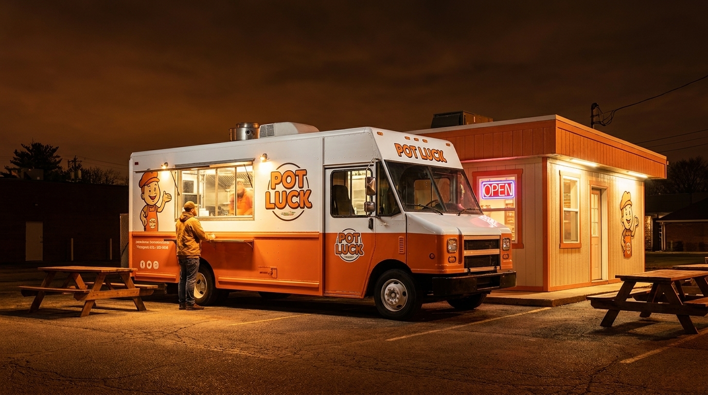 A Pot Luck food truck and building at night, with a customer at the truck's window.