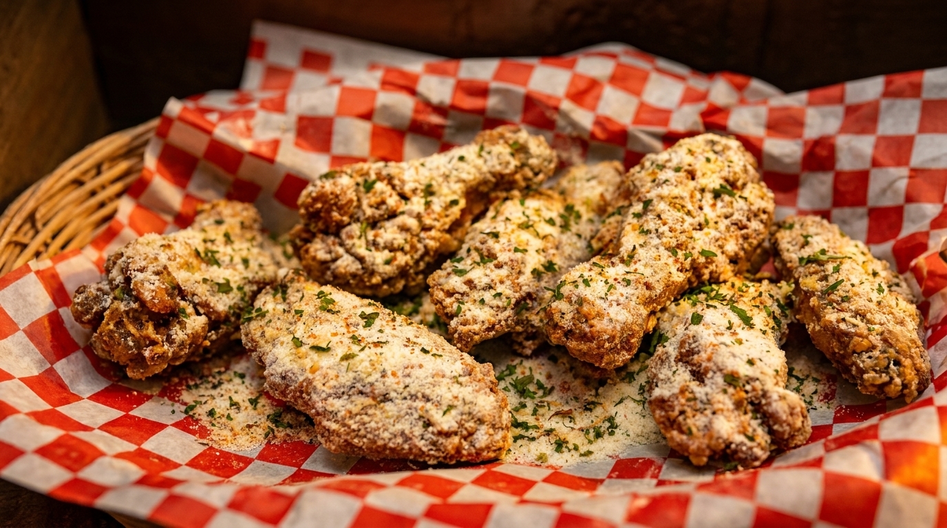 Crispy fried chicken wings, coated in parmesan cheese and herbs, served in a red and white checkered basket.