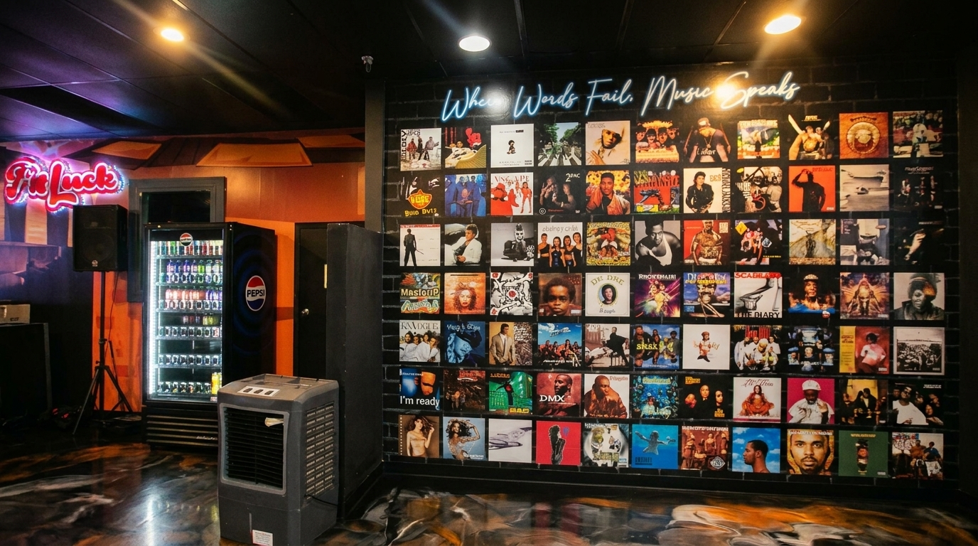 A wall covered with album covers, a neon sign saying "When Words Fail. Music Speaks."