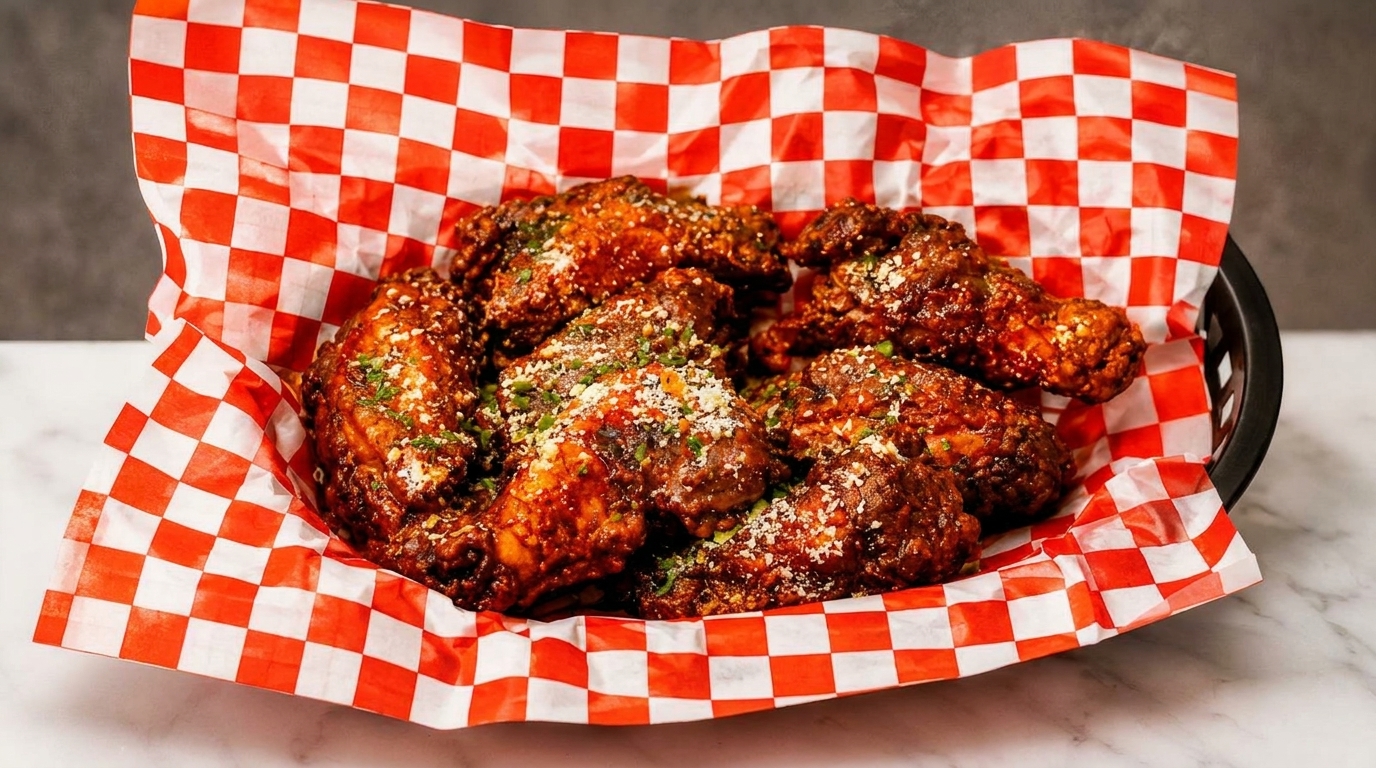 Crispy, saucy chicken wings with parmesan and herbs in a basket lined with red and white checkered paper.