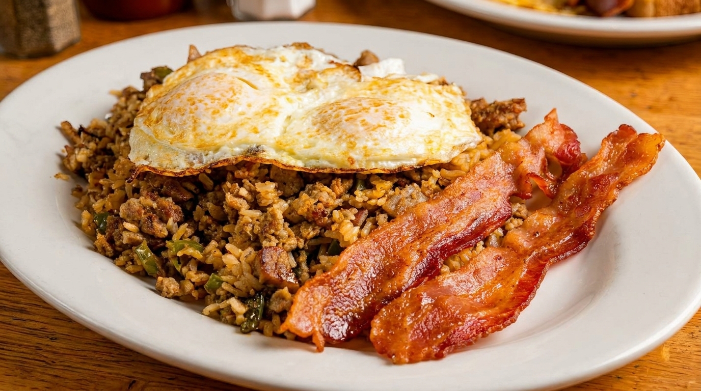 Breakfast plate with fried rice, two sunny-side-up eggs, and two strips of crispy bacon.