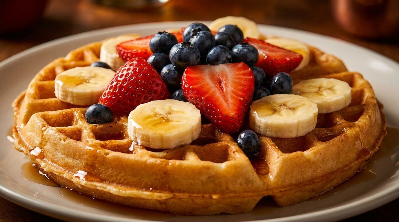 Golden waffle topped with sliced bananas, fresh blueberries, strawberries, and drizzled with syrup.