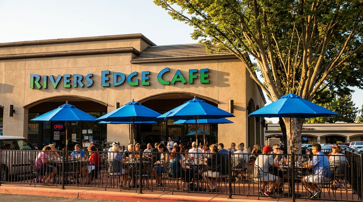Rivers Edge Cafe exterior with patrons dining outdoors under blue umbrellas on a sunny day.