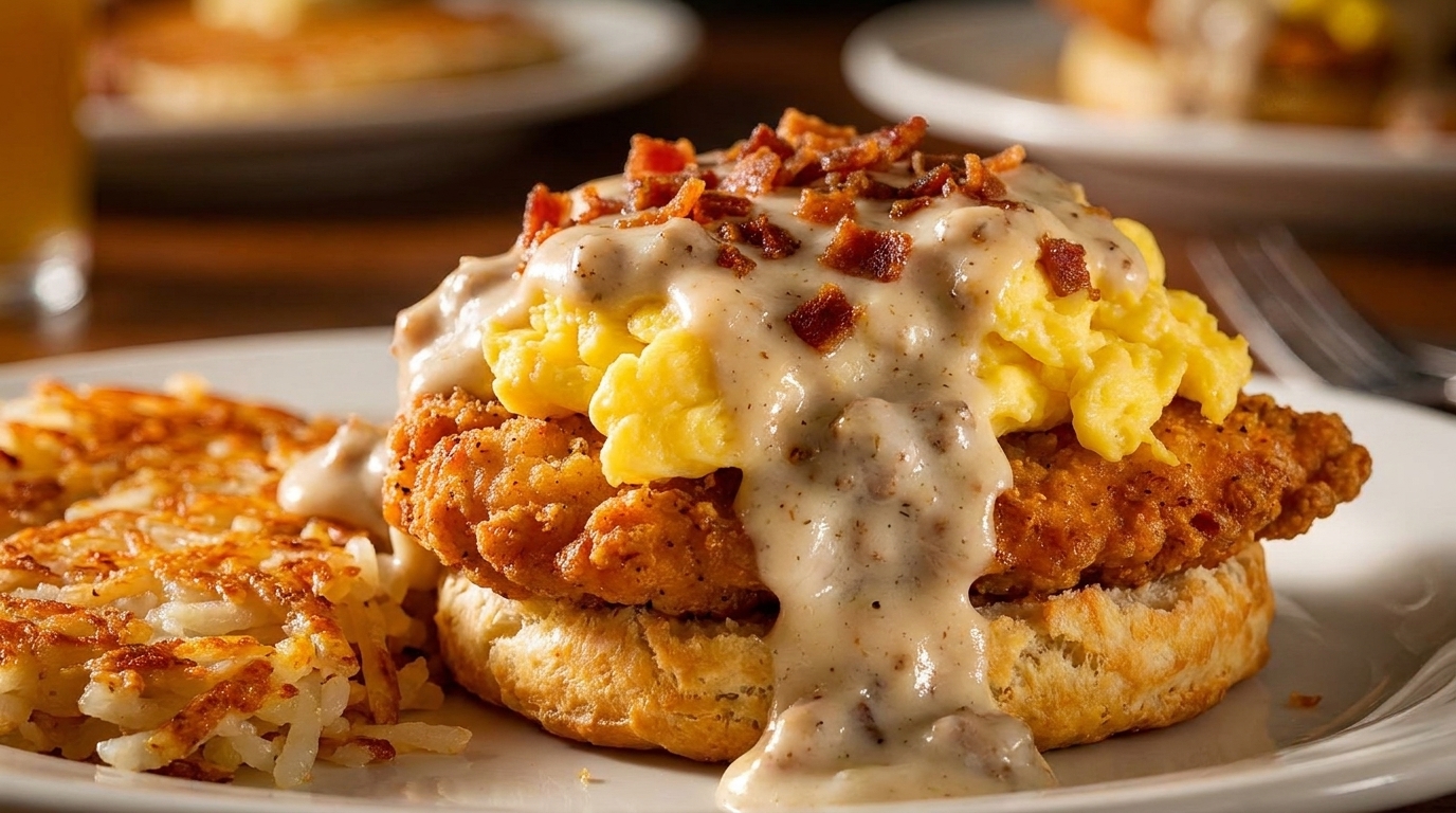 Chicken fried steak and eggs on a biscuit, topped with gravy and bacon, served with hash browns.