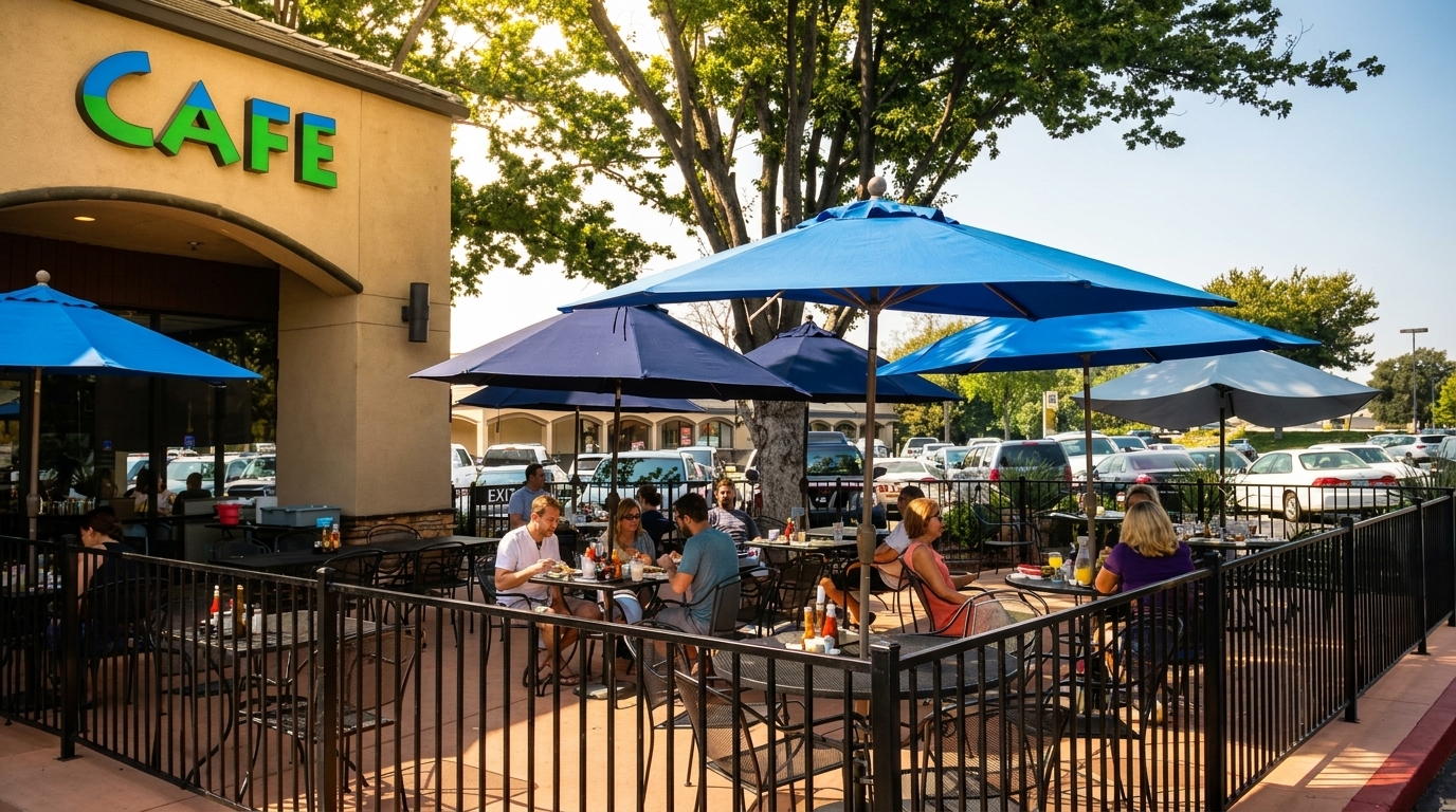 Patrons dine al fresco under blue umbrellas on a sunny patio outside a cafe.