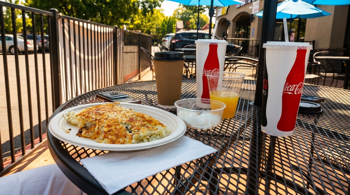Hash browns, coffee, orange juice, and Coca-Cola on a patio table with blue umbrellas.