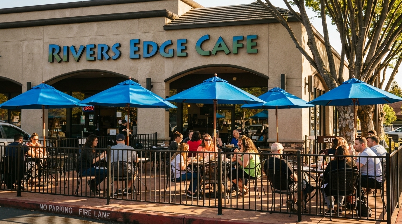 Rivers Edge Cafe exterior with patrons dining outdoors under blue umbrellas on a sunny day.