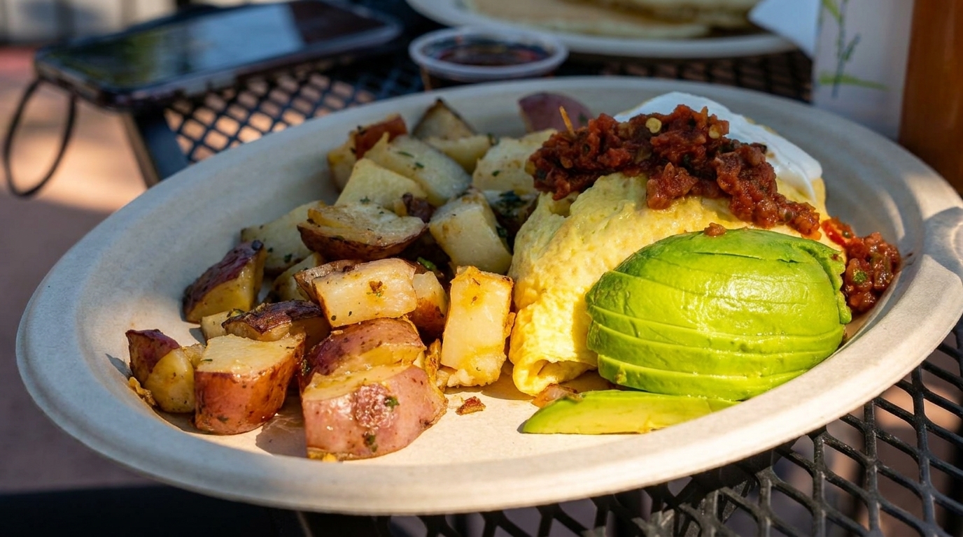 Breakfast plate with scrambled eggs, salsa, sliced avocado, and roasted potatoes on a patio table.