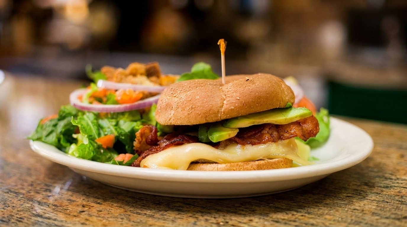 A burger with melted cheese, bacon, and avocado, served with a side salad on a white plate.