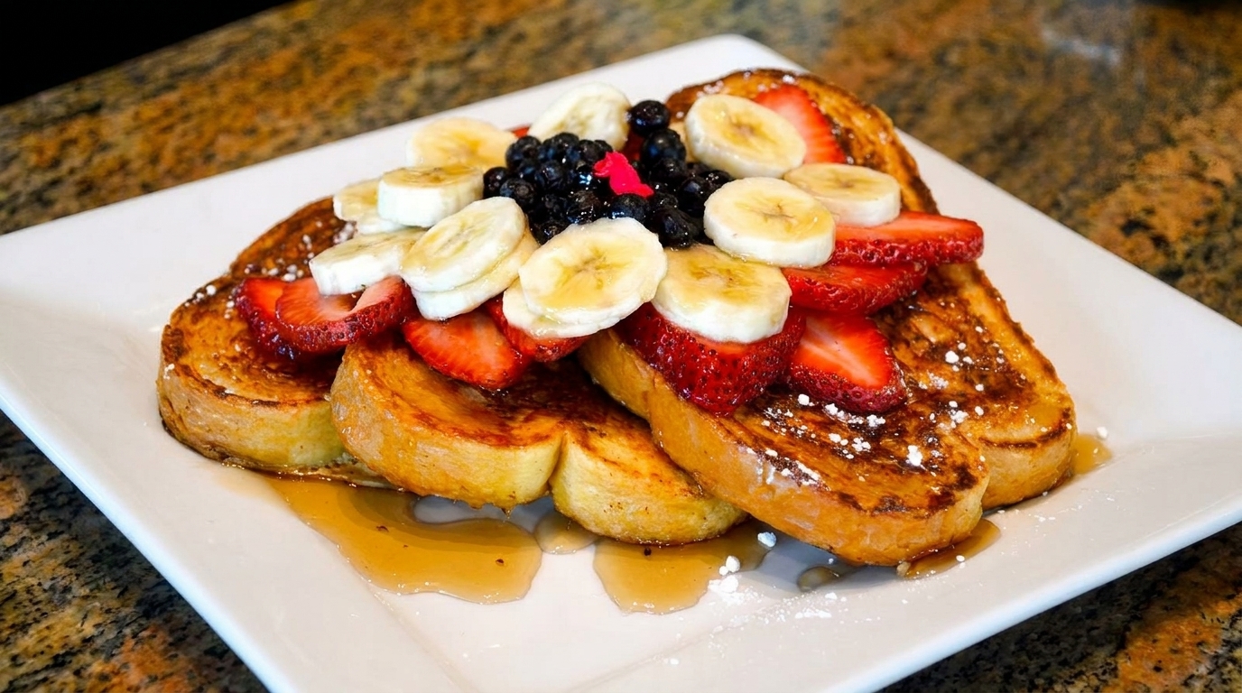 Golden French toast topped with sliced strawberries, bananas, blueberries, and powdered sugar, drizzled with syrup.