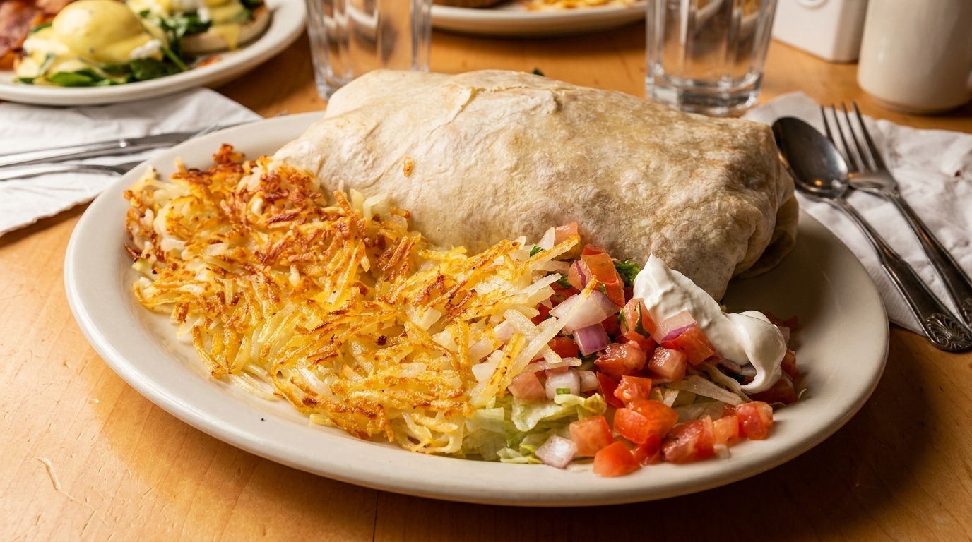 Breakfast burrito with hash browns, pico de gallo, and sour cream on a white plate.