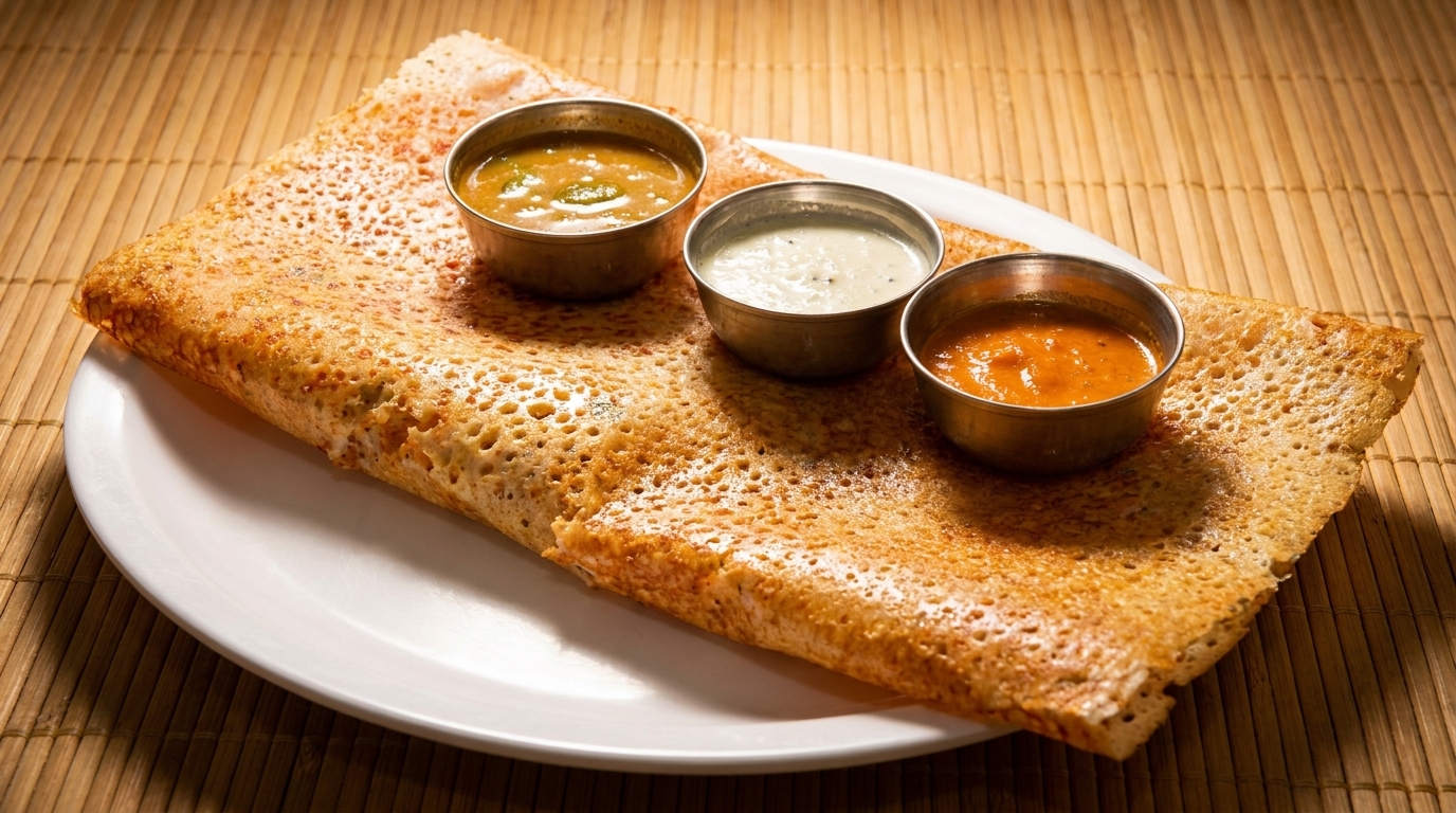 Crispy golden dosa on a white plate with three small metal bowls of chutneys and sambar.
