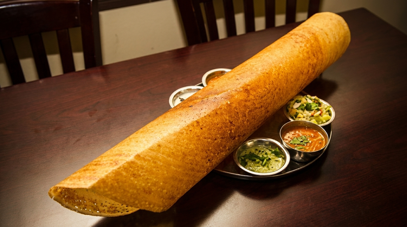 A long, golden-brown dosa served with three small bowls of chutneys and sambar on a dark wooden table.