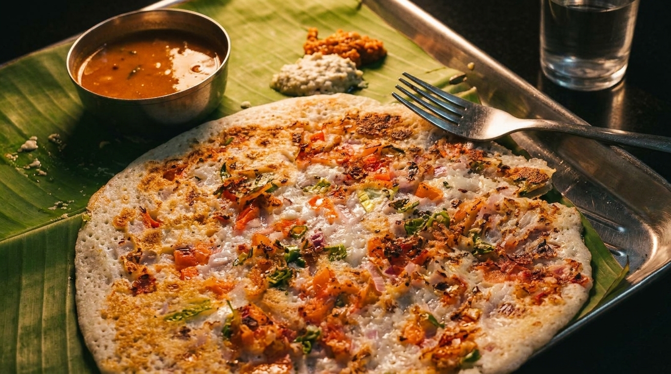 Uthappam with sambar and chutneys on a banana leaf, served on a metal tray.