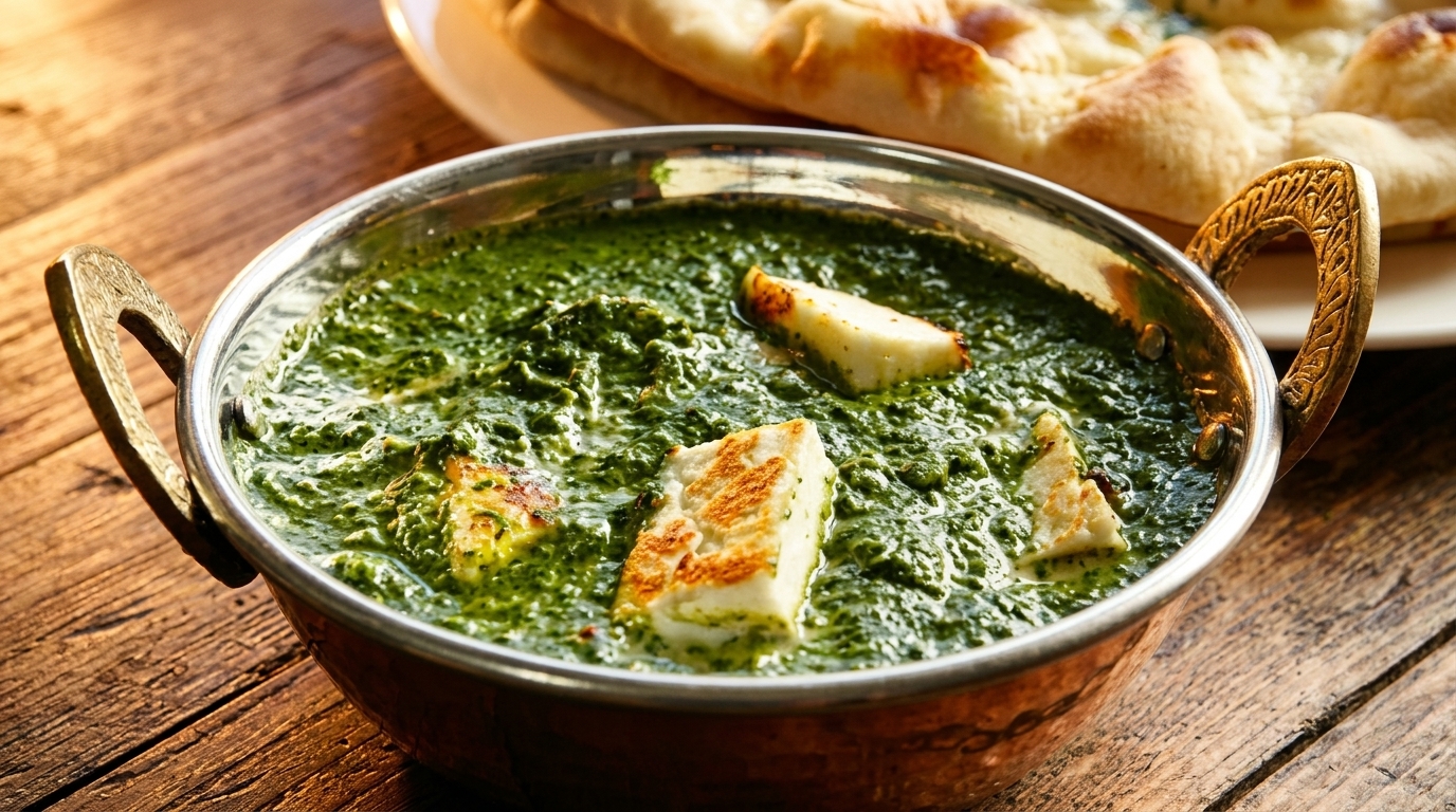 Palak Paneer, a vibrant green spinach curry with paneer cheese, in a copper bowl with naan bread.