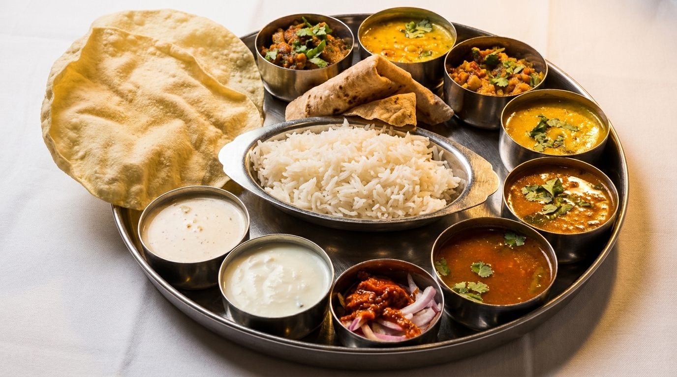 A traditional Indian thali meal with rice, curries, bread, and condiments on a metal platter.
