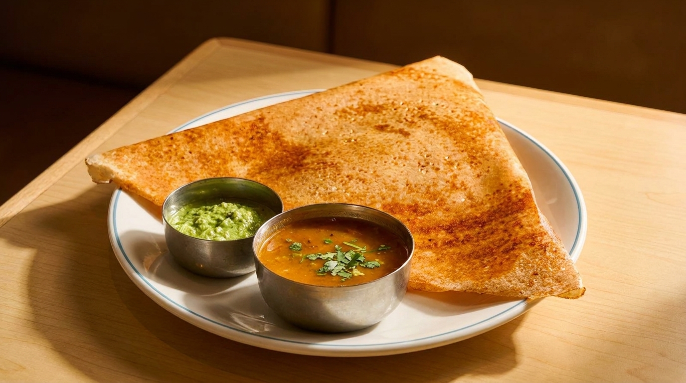 Crispy golden dosa with two small bowls of green chutney and sambar on a white plate.