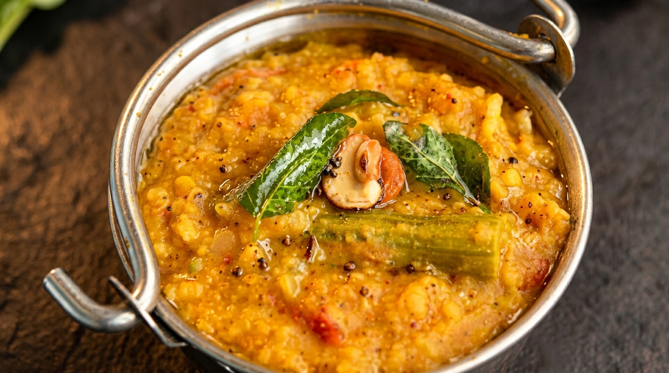 Close-up of a metal bowl filled with yellow lentil stew, garnished with green leaves and cashews.