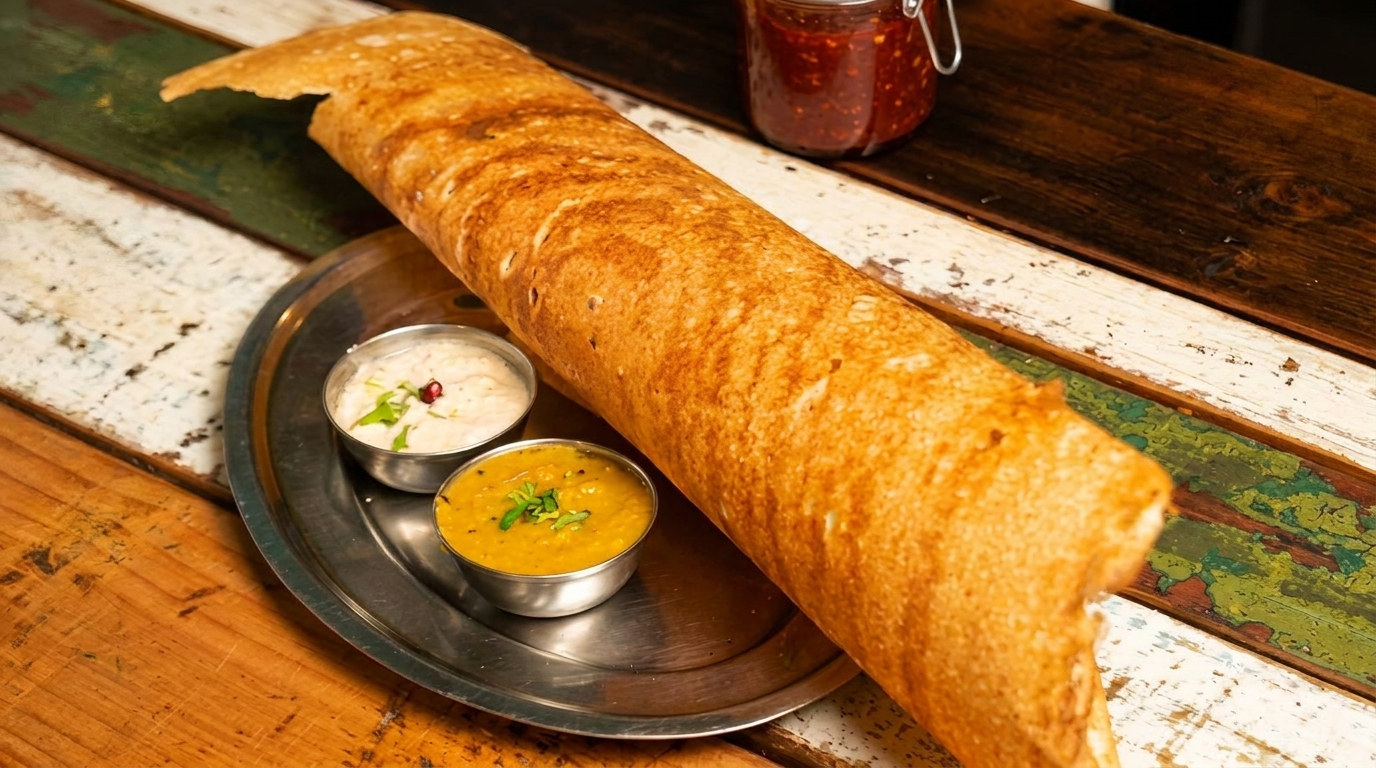 A long, golden-brown dosa on a metal plate with two small bowls of sauces on a rustic wooden table.