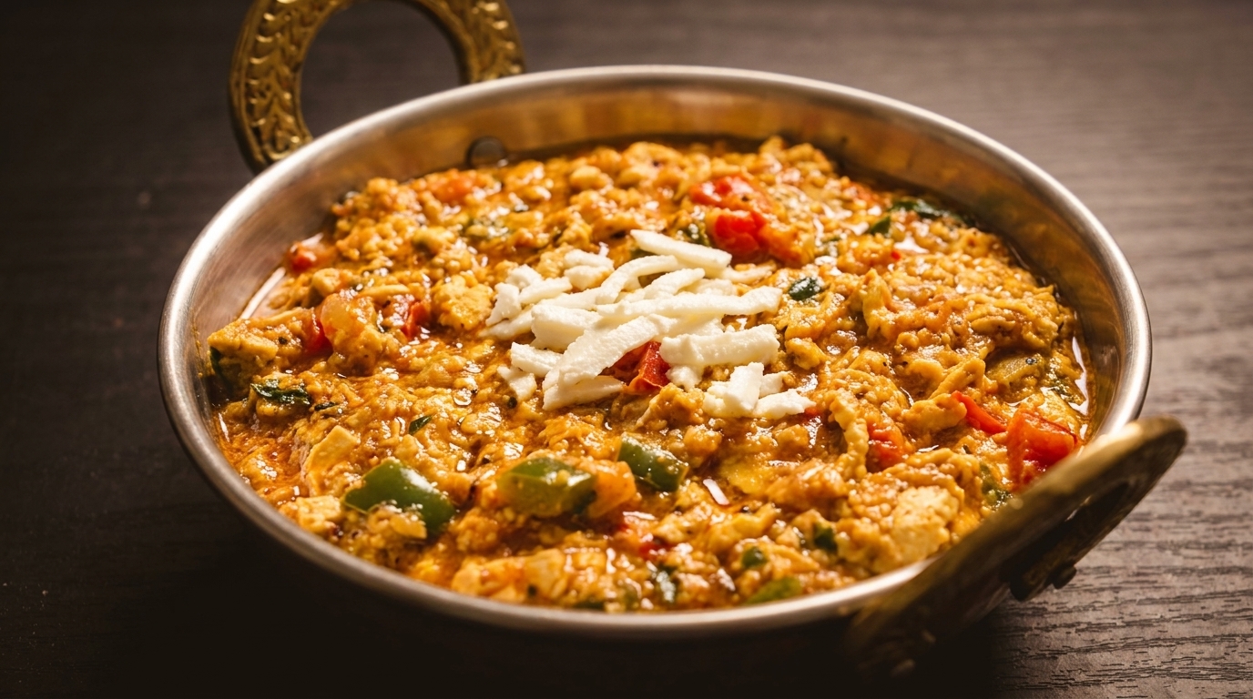 Indian paneer bhurji, a scrambled cottage cheese dish with vegetables, served in a metal karahi.