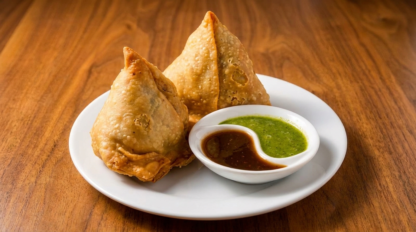 Two golden-brown samosas and a yin-yang dish of green and brown chutneys on a white plate.