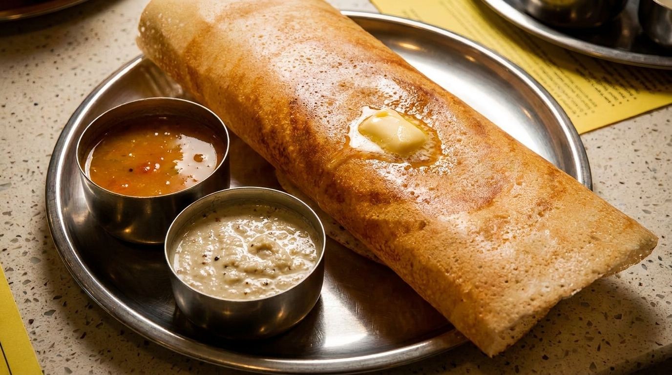 A golden-brown dosa with melting butter, served with two small bowls of chutney and sambar.