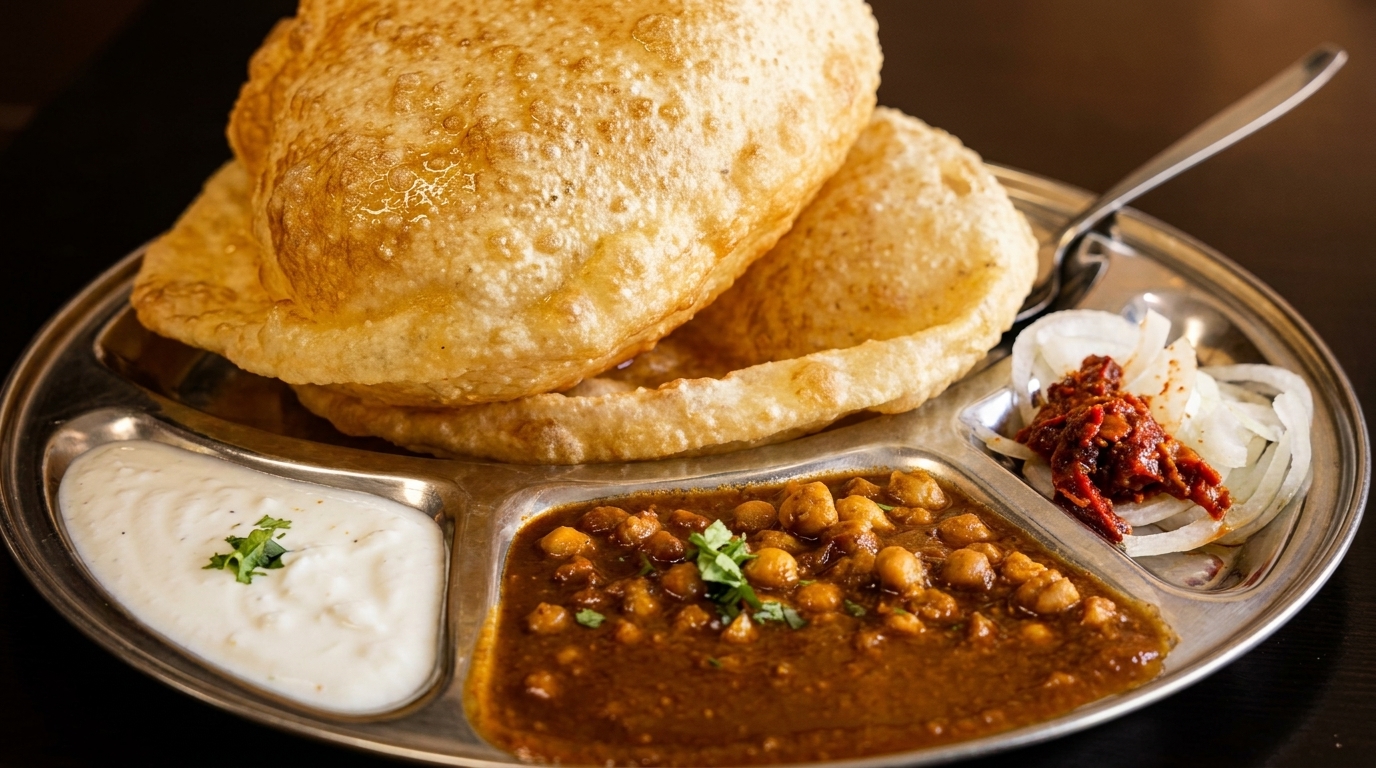A metal plate with two golden fried puri breads, chana masala, raita, and sliced onions with pickle.