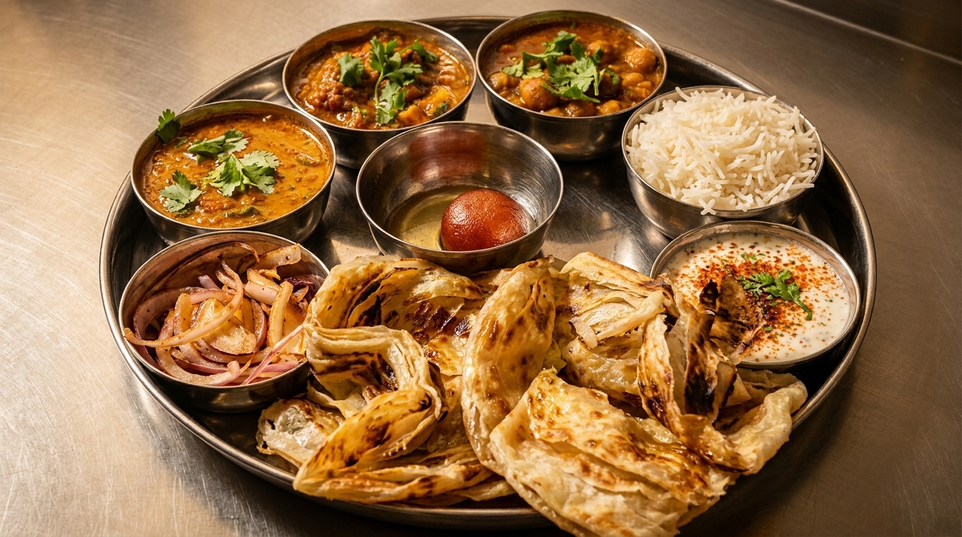 A thali platter with various Indian dishes including curries, rice, paratha, and a dessert.