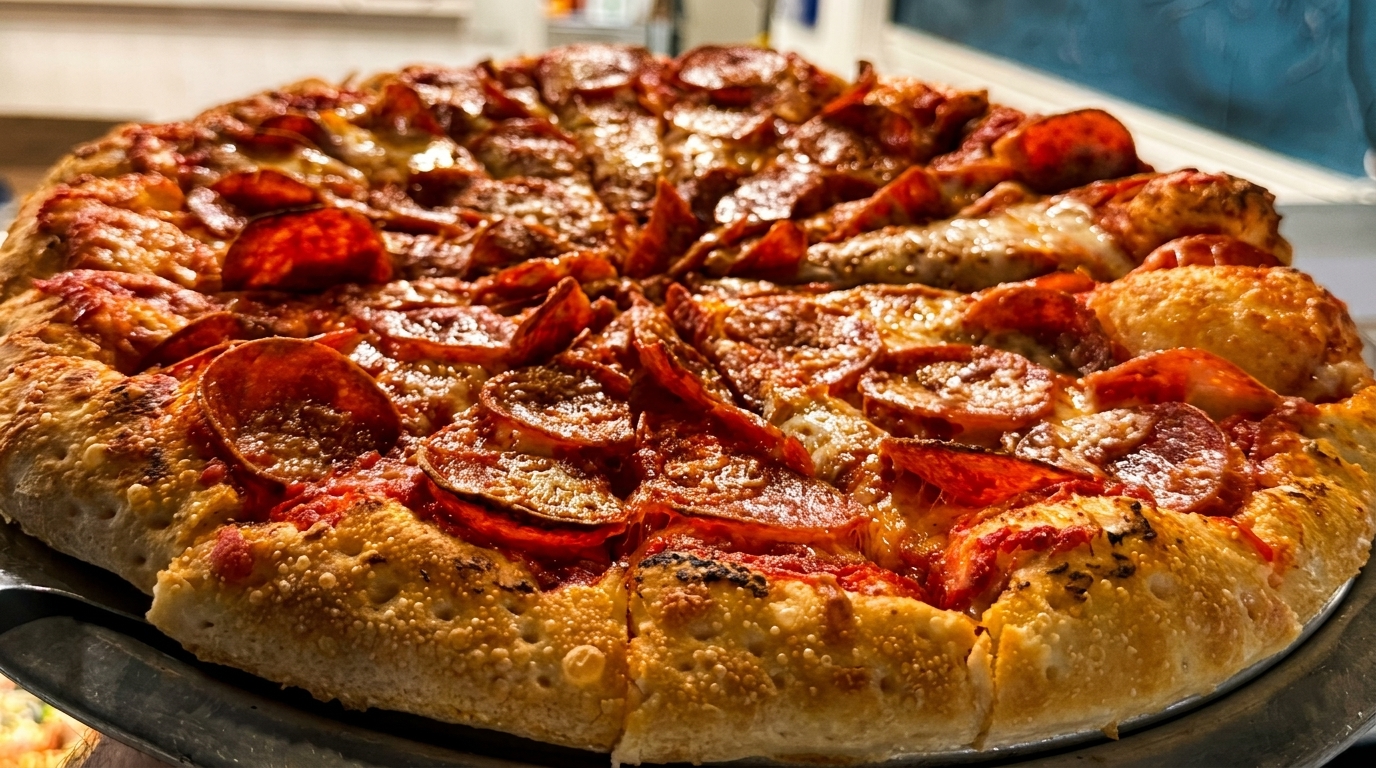 Close-up of a freshly baked, sliced pepperoni pizza with a thick, golden crust.