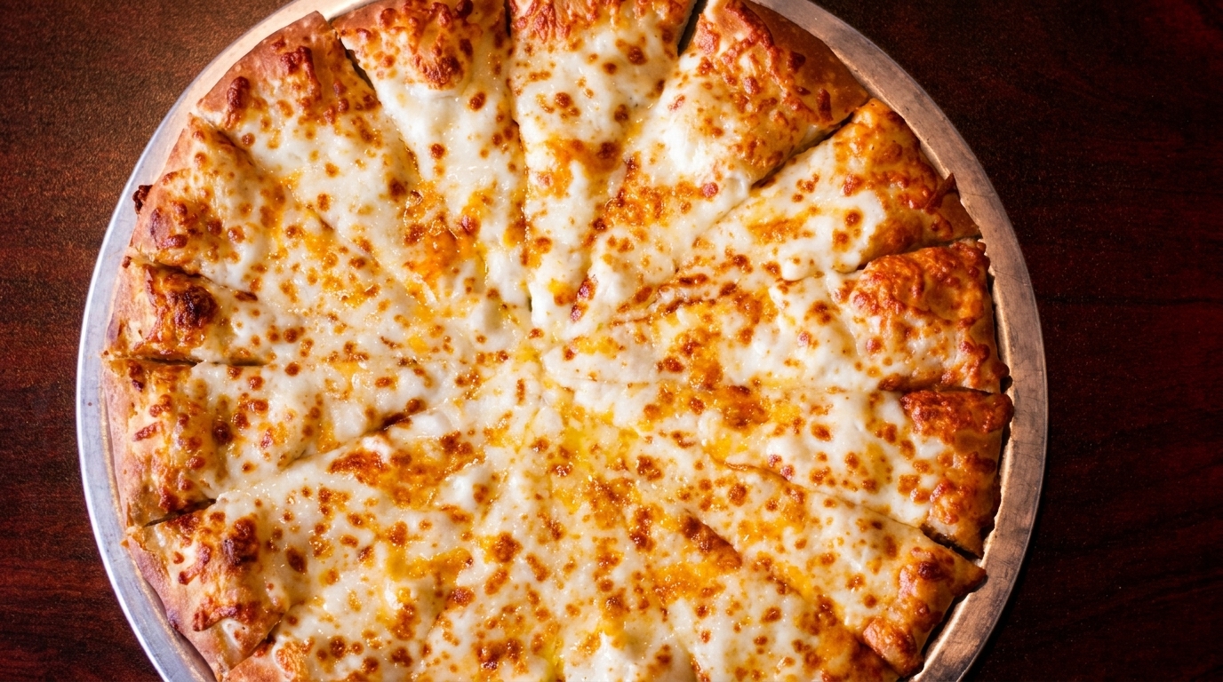A freshly baked cheese pizza, cut into slices, on a metal pan.
