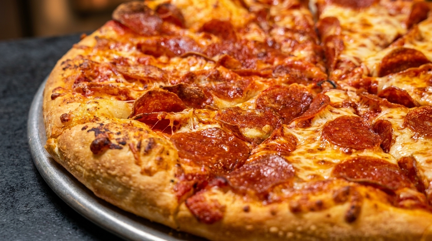 Close-up of a freshly baked pepperoni pizza with melted cheese on a metal pan.