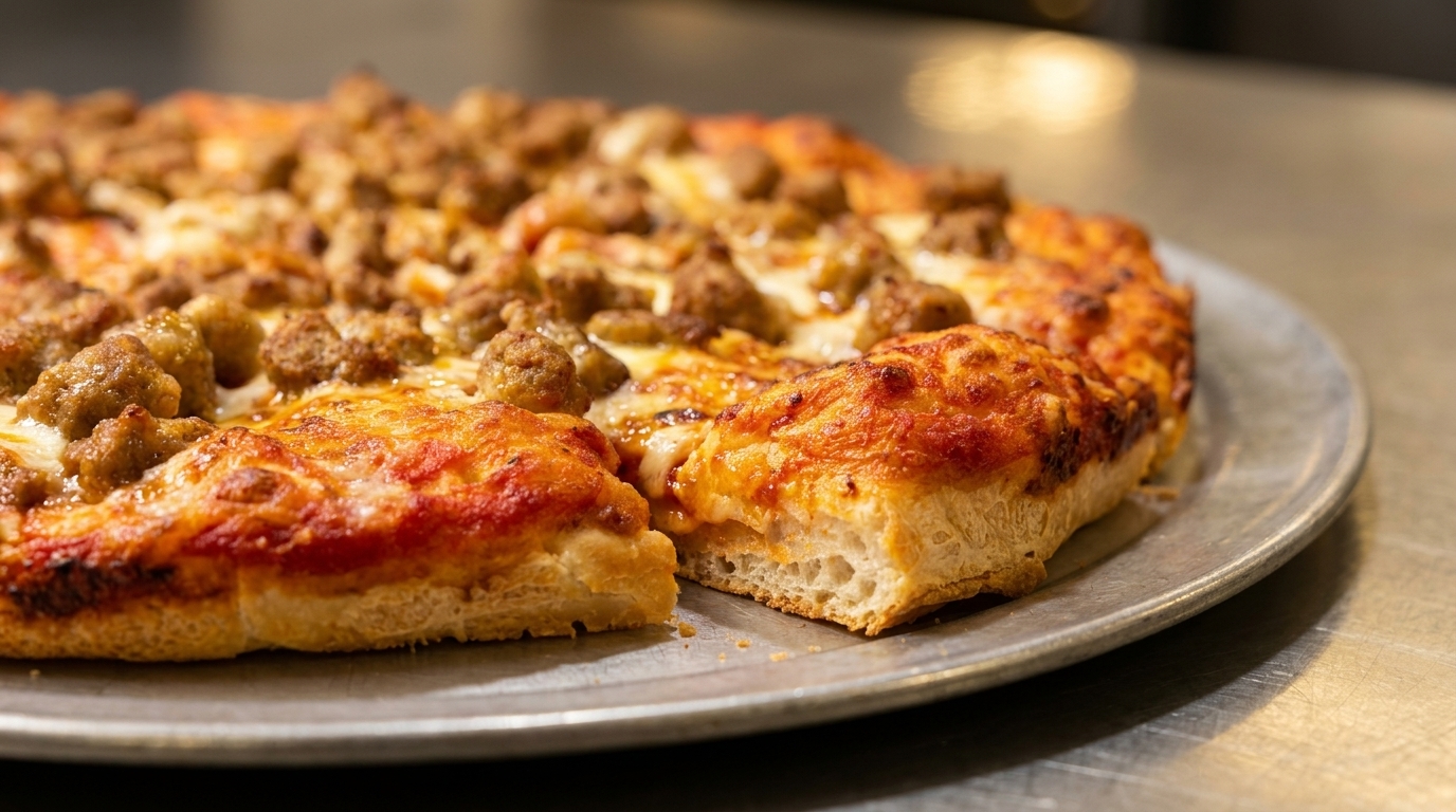 Close-up of a sausage pizza on a metal pan, with a slice removed revealing the thick crust.