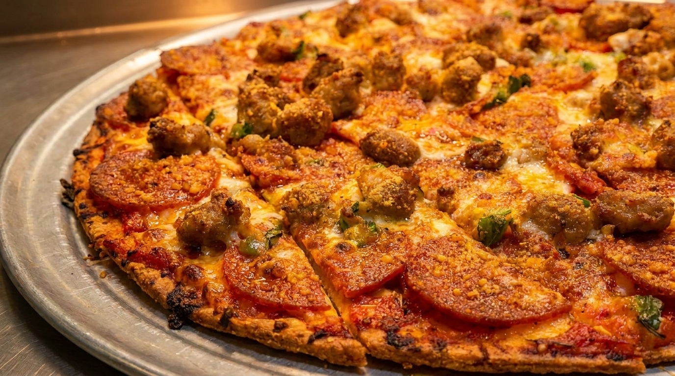 Close-up of a freshly baked pizza with pepperoni, sausage, and green peppers on a metal pan.